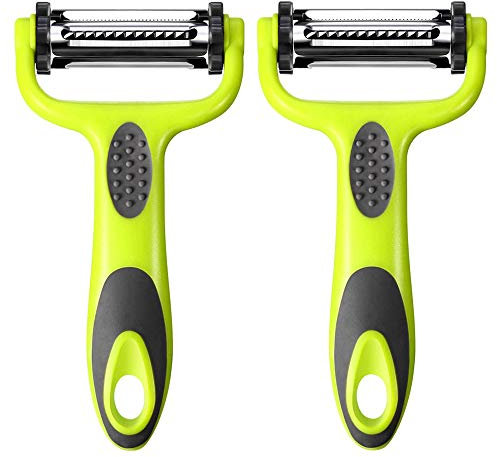Aiqeer 2 Pcs 3 in 1 Multifunction Peelers Set, Vegetable & Fruit Peeler, Swivel Peeler, Carrot & Potato Peeler, with 3 Rotatable Stainless Steel Blades and Ergonomically Non-Slip Green Handle