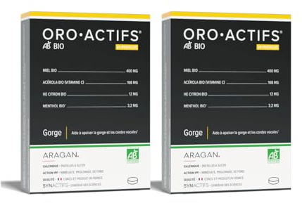 ARAGAN - Synactifs Lot de 2 Oroactifs Bio - Complément Alimentaire Maux de Gorge - Miel, Acérola, Menthol, Huile essentielle de citron - 48 Pastilles - 12 à 48 jours de prise - Fabriqué en France