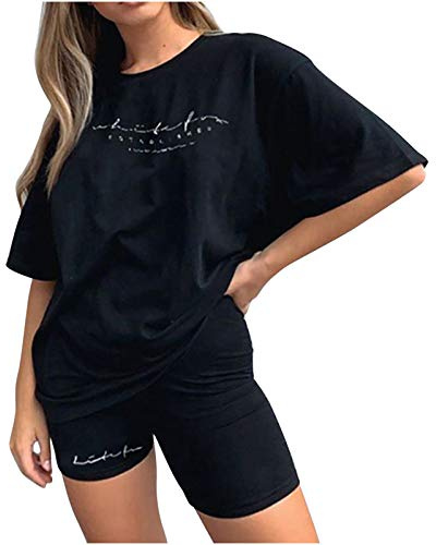 EMATOP Sommer Kurzarm Top Shorts Set für Damen Casual Freizeitanzug Rundhals Einfarbig Lose Sportbekleidung Zweiteiler Briefdruck Jogginganzug Outfits Kleidung Streetwear