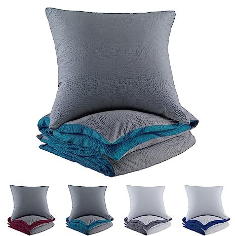 BaSaTex Mikrofaser Seersucker Bettwäsche und Kissenbezug Uni Wende Bettbezug für Bettdecke und Kissen| 135x200 + 80x80 | 100% Microfaser Polyester | Petrol - Grau Anthrazit