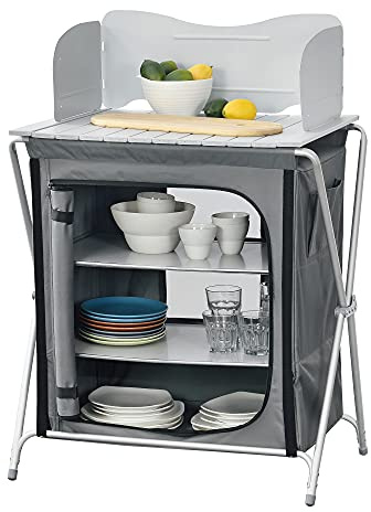 [en.casa] Campingküche Tullinge Outdoor Küche Campingschrank faltbar Faltschrank mit Arbeitsplatte Reiseküche inkl. Tragetasche Aluminiumgestell Dunkelgrau
