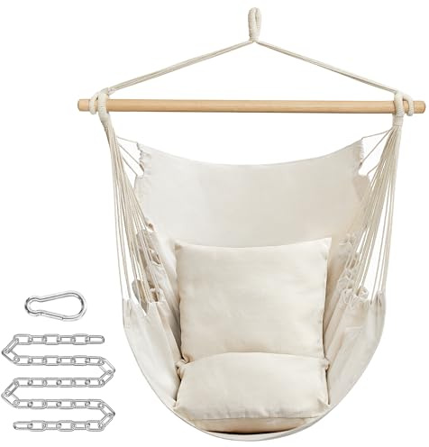 SONGMICS Hängesessel, Hängeschaukel, Hängestuhl mit 2 Kissen, Metallkette, bis 150 kg belastbar, Indoor und Outdoor, Wohnzimmer, Schlafzimmer, cremeweiß GDC187M01