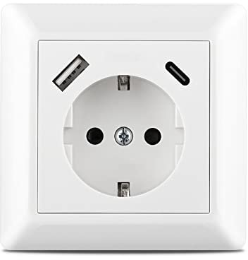 Kaifire USB C Steckdose, Schuko Unterputz Steckdose mit USB Anschluss und Typ C Port max.3.4A System 55 Reinweiß Glänzend Schutzkontakt Wandsteckdose Passent in Standard Unterputzdose für Smartphone