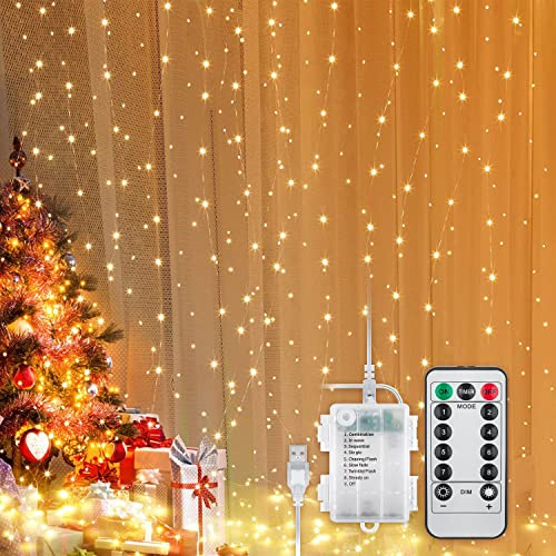 goobay 300er LED-Lichtervorhang - mit Fernbedienung, Timer-Funktion, 8 Leuchtmodi, Dimmer, USB- und Batteriebetrieb, warm-weiß 2350 K, 57943