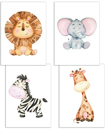 Presentou 4er Tierbilder Sparset | Kinderzimmer Poster Wandbilder Deko | süß gemalt Wasserfarb-Look | Wald Afrika Safari | DIN A4 Premiumpapier (Dschungeltiere 2 – Löwe Elefant Zebra Giraffe)