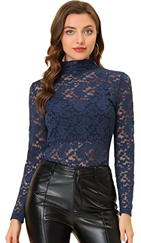 Allegra K Chemisier en Dentelle Florale Femme Haut Transparente à Manches Longues et Col Ras du Cou Bleu Marin L