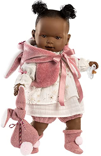 Llorens 1042646 Puppe Nicole, mit braunen Augen, schwarzen Haaren und weichem Körper, Babypuppe inkl. rosa Hasen-Outfit, Schnuller und weicher Weste mit süßen Hasenöhrchen, 42cm