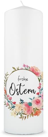 GRAVURZEILE Bedruckte Kerze - Osterkerze Blumenkranz - Christliche Kerze mit Blumen Kranz Motiv als Geschenk - Hochwertige Stumpenkerze 250/80 mm - Geschenkidee zu Ostern Ostergeschenk