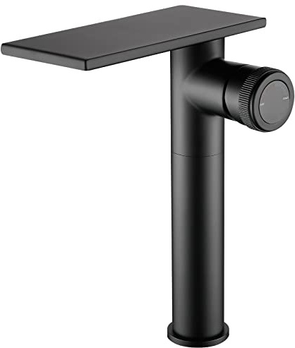becola Modern Matte Black Bathroom Faucet，Tall Waterfall Faucet for Bathroom Sink，Single Hole Cold and Hot Basin Mixer Tap，Single Handle Vanity Faucet with Adjust Knobs and Two Supply Lines