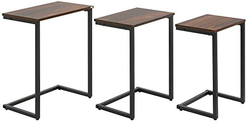 HOMCOM 3er-Set Beistelltische, platzsparende Satztische, C-förmige Couchtische, Kaffeetische mit Stahlgestell im Industriedesign für Wohnzimmer Rustikal-Braun