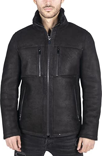TruClothing.com Herren Lederjacke Echtes Schaffell Schafsleder Jacke kurz gezippt lässig Retro Vintage Schwarz