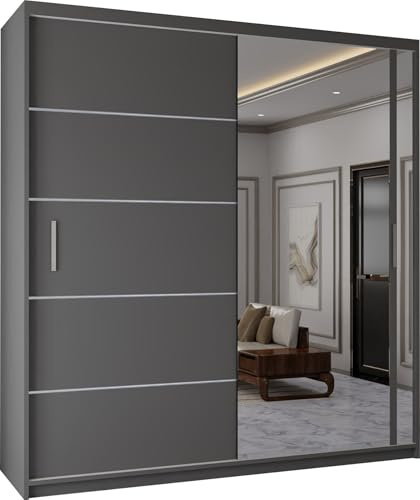 MN Furniture Modern Double Sliding Door Wardrobe 2 Mirrored Hanging Rails & Shelves Storage Cabinet for Bedroom (Grey, 203cm)
