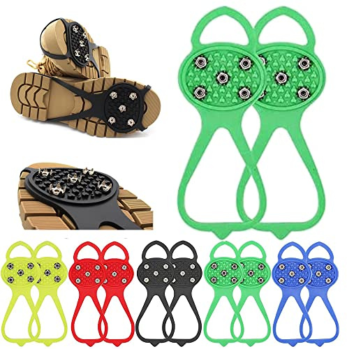 Pinchos de agarre antideslizantes universales para zapatos de nieve y hielo con 5 clavos de acero, picos de goma antideslizantes para senderismo, montañismo, caminata (verde, niño)