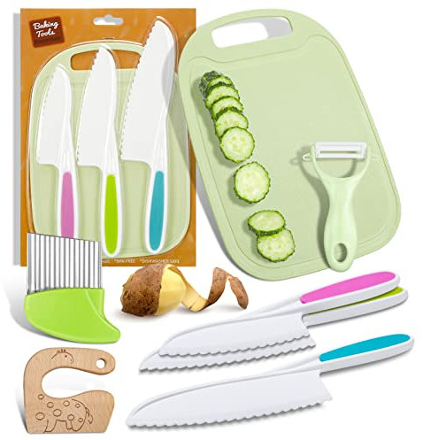 Veraing 7 Stück Kinderküchenmesser Set, Montessori Messer Kindermesser Schäler Schneidebrett Sicherheit Kochmesser Küchenmesser Kindermesser ab 4 Jahre Sichere & Spaßige Koch-Erfahrung für Kinder