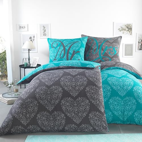 BaSaTex Microfaser Partner Bettwäsche mit Wendemotiv | 2X 135x200 Bettbezug + 2X 80x80 Kissenbezug | Mikrofaser Bettwäsche Set 4 teilig für Paare | Design: Ornaments Hearts Turquoise
