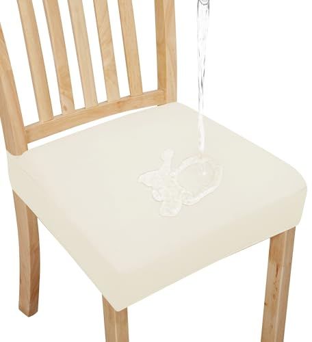 Easy-Going 100% Waterproof Seat Covers for Dining Room Chairs Set of 4, Stretch Chair Seat Slipcovers Protector Removable and Washable Kitchen Dining Chair Covers, Ivory