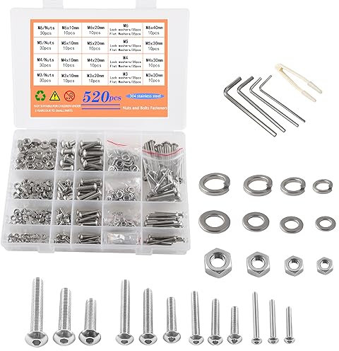 newlng Schrauben set M3 M4 M5 M6 Schrauben und Muttern Unterlegscheiben Schraubenschlüssel, 304 Edelstahl Linsenkopfschrauben Rund-Knopfkopf Schraubenset mit Sortiment Box 525pcs