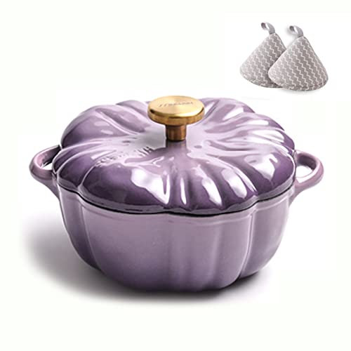 WYBZDA Kürbis Schwerlast Gusseisen Topf Schmortopf Mit Deckel Antihaft Emaille Topf Dutch Oven Mit Griffen Schmorpfanne for Braten, Schmoren, Brot Backen(Purple)