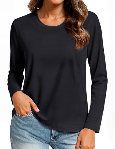 TACVASEN T Shirts Long Sleeve Cotton Crew Neck Cotton Top for Women Black L