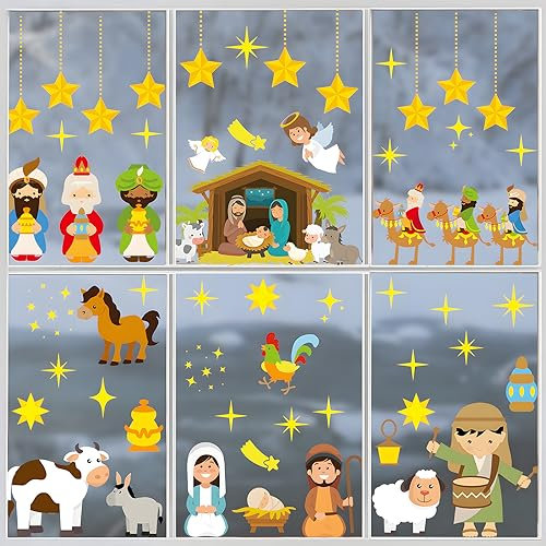 9 Blatt Weihnachten Fensterbilder Krippe Jesus Drei König Doppelseitig Fensterdeko Wiederverwendbar Fenstersticker Selbstklebend Fenster Aufkleber Deko Winter für Glas Kinderzimmer Fensterfolie