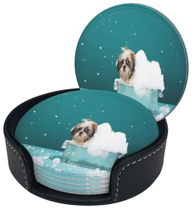 Set 6 Leder-Untersetzer mit Aufbewahrungsbox, Bad und Hund, Getränkeuntersetzer für Esstisch, Bar, Kaffee, Bar, Dekoration, als Geschenk