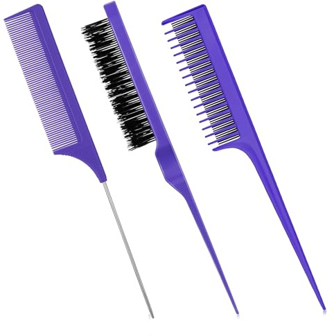 Patelai 3 Pieces Hair Styling Comb Set, Includes Teasing Fluffy Hair Brush, Metal Rat Tail Teasing and Triple Comb for Women(Purple)