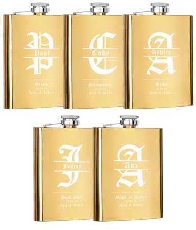 Lot de 5 flasques personnalisées pour garçons d'honneur, cadeaux de demoiselle d'honneur, 227ml, en acier inoxydable gravé pour homme et femme, flasques personnalisés pour cadeau de fête de mariage
