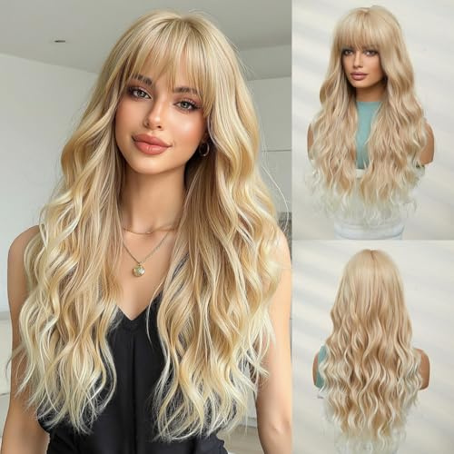 OUFEI Blonde 24Lange Gewellte Kunsthaarperücke mit Pony Damen Alltag Party