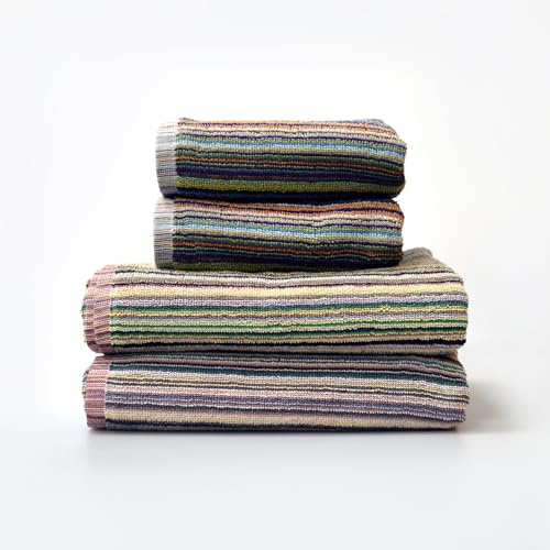 Odyssey 100% Recycled Cotton Towel Sets - Multi Coloured Remnant Yarn Stripe, Absorbent, Quick Dry, Lightweight 400GSM (2 x Hand Towels, 2 x Bath Towels)