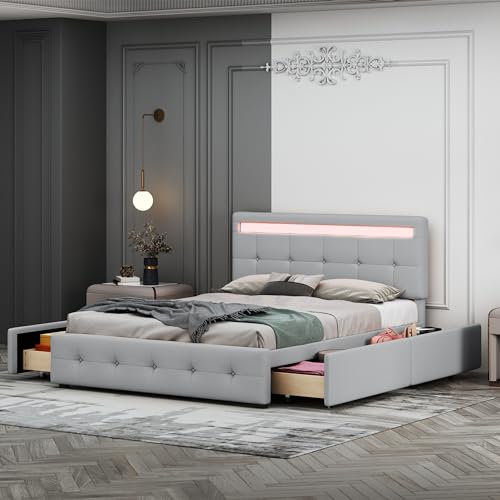 Polsterbett 140 x 200 cm mit LED, Lattenrost & Bettkasten auf Rollen,, Einzelbett mit Kopfteil & 4 Schubladen, hautfreudliches Leinen-Oberfläche Kinderbett Jugendbett Gästebett, grau (ohne Matratze)