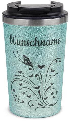 Tassendruck Glitzer To-Go Thermobecher mit Name personalisiert - Schmetterling - Geschenk für Freundin, Frau oder Tochter | Nachhaltig, Edelstahl doppelwandig, inkl. Deckel, Blau, 350 ml