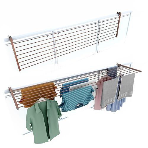 foxydry Stendino da Balcone Ribaltabile, Stendibiancheria da Ringhiera Esterno Resistente in Acciaio inox e alluminio Duo, per terrazzi, balconi e ringhiere - Lunghezza 202 cm (Marrone, 202 cm)