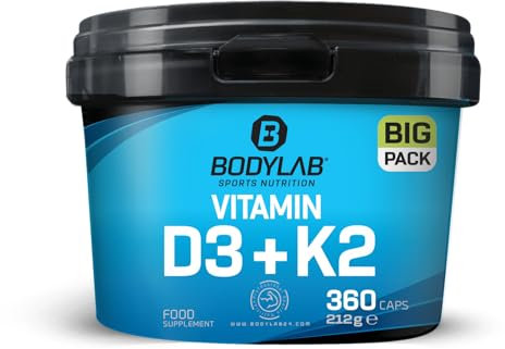 Bodylab24 BIG PACK Vitamin D3 + K2 360 Kapseln, hochdosiert mit 140 mcg Vitamin D3 und 200 mcg Vitamin K2 je Kapsel, ideale Nahrungsergänzung für die Wintermonate, leicht zu schlucken