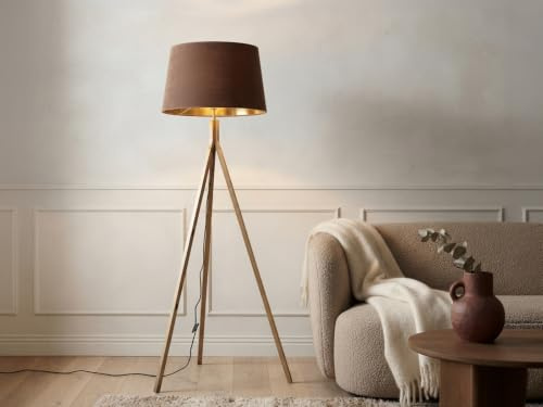 meineWunschleuchte Steh-Lampe Dreibein aus Holz mit Schirm Braun-Gold | Höhe 157cm, E27, mit Fußschalter, gemütliche Wohnzimmerlampe, skandinavisches Design, Lampenschirm aus Samt