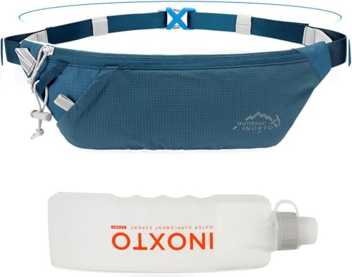 INOXTO Slim Running Belt Fanny Pack for Women and Men Sports Waist Bag Pack with 300ml Water Bottle for Running Walking Cycling Hiking Reflective Running Pouch Belt for All Phones (Black) (Dack Blue)