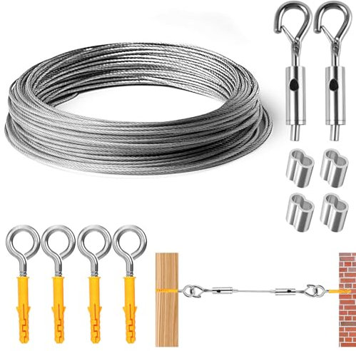 MirraSwit 8M/2mm Drahtseil Rankhilfe Set, Edelstahl Draht Seil mit Längenverstellbar Haken Ummantelt, Gardinen Drahtseil, Vorhang Seilspannsystem, für String Light Suspension, Gardinenseil