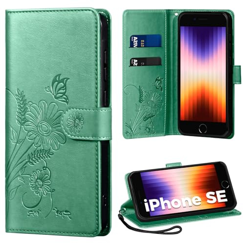 Thorhülle Handyhülle für iPhone SE/7/8 Hülle, Schutzhülle für iPhone SE 2022 PU Lederhülle Tasche Flip Case Kartensteckplätzen Klapphülle Kompatibel mit iPhone SE 2020 Hülle, Grün