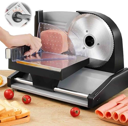 Trancheuse électrique 200 W (réglage de l'épaisseur de 0 à 15 mm) + lame en acier inoxydable de 7,5 pouces, raboteuse à viande manuelle domestique - Tranchage d'agneau/jambon, convient pour la viand
