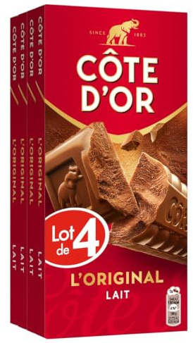 CÔTE D'OR - 4 Tablettes de Chocolat au Lait Côte d'Or L'Original 200g - Chocolat au Lait - Lot de Tablettes de Chocolat au Lait - Idéal à Pâtisser - Lot de 4x200g | 4 Tablettes de 200g | Chocolat au lait au goût unique et fondant idéal à pâtisser, déguster ou pour une pause café