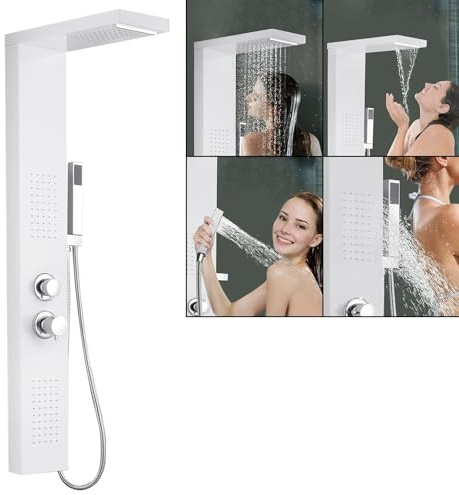 LZQ Duschpanel Regndusch System Höjdjusterbart 4-i-1 Duschstång 304 Rostfritt Stål Duschhuvud Duschhuvud med Termostat Duschpanelsystem Vit