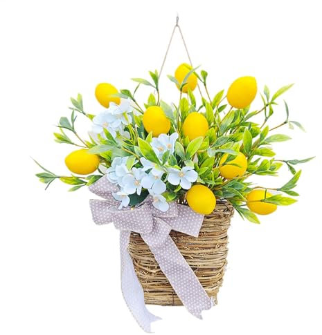 Door Hanging Basket Wreath - Wreath Summer Flowers | Artificial Seasonal Wreath On Front Door | Basket Wreath With Lemon Flower | Decorative Wreath Ornament | Wreath Artificial For Home Wedding