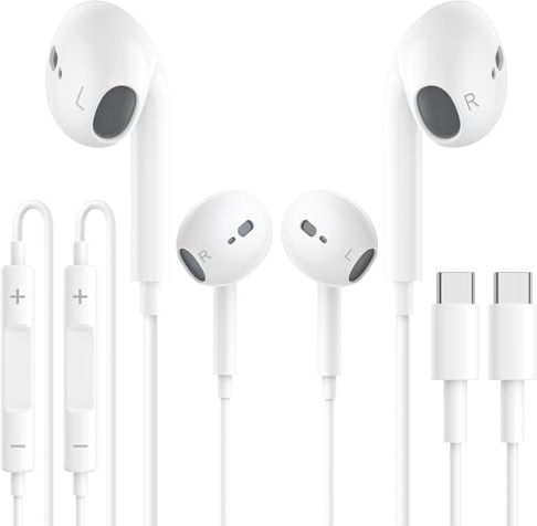 USB C Headphones, 2 Pack Wired USB C Earphones with Mic & Volume Control, HiFi Stereo In Ear USB Type C Earbuds, Noise Cancelling Headphones for iPhone 16/15, Samsung Galaxy S25 S24 S23 S22 Ultra