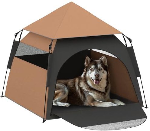 PawHut Haustierzelt, Hundezelt, Katzenhaus im Freien, Hundehaus mit Meshfenster, Hunde Tipi Zelt mit Tragetasche, Sonnendach für Hinterhof, Wohnzimmer, Dunkelbraun