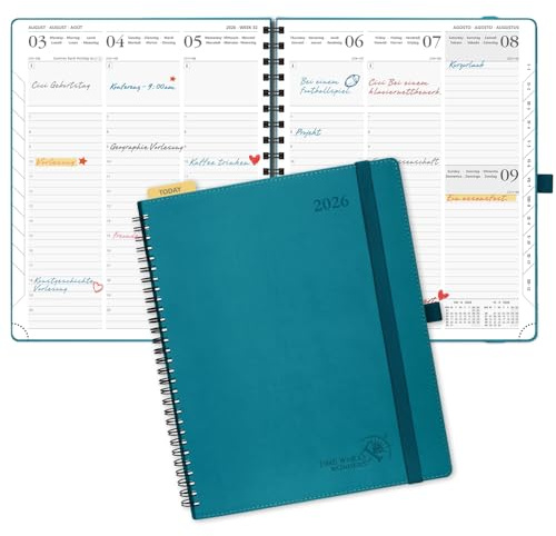 POPRUN Kalender 2026 Wochenplaner 26,5 x 21,5 cm, 12-Monate-Terminplaner Ringbuch (Jan.2026-Dez.2026), Buchkalender 1 Woche 2 Seite mit Softcover - Pazifikgrün