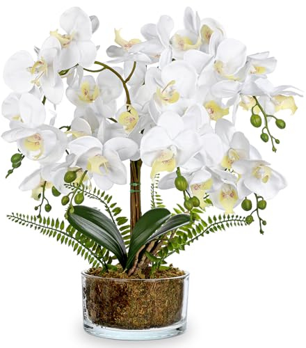 White Orchids Artificial Flowers 16.5 Faux Orchids Plant in Pot Fake Flower Arrangements with Glass Vases White Centerpieces for Kitchen Dining Room Tables Bathroom Nightstand Shelf Desk Decor