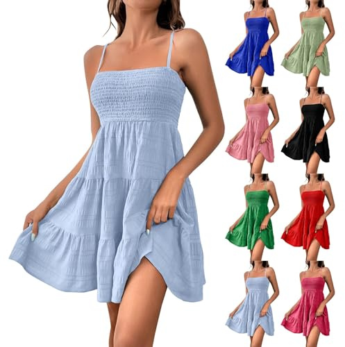 Sommerkleid Damen Kurz Elegant Spaghettiträger Strandkleid Sommer Leichte Freizeitkleid Lässig Ärmellos Minikleid A-Linie Kleid Einfarbig Swing Kleider Boho Trägerkleid Beach Party Camisole Dress