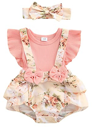Edhomenn Baby flicka sparkdräkt klänning rosett tryck puff kortärmad overall med sött pannband set vardaglig nyfödd flickor kläder 2 delar kläder, 27 Rosa, 6-9 Months