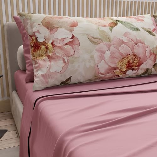 PETTI Artigiani Italiani - Parure de Draps en Coton pour Lit 1 Place et Demi Française avec Taies d'oreiller et Drap Housse 140x200, Motif Floral 20 Rose Poudré Foncé, 100% Fabriqué en Italie
