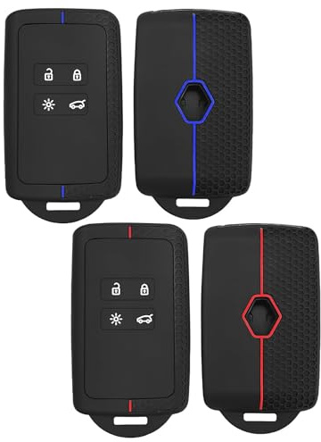 2 Stück Autoschlüsselhüllen, kompatibel mit Re-Nault Clio, Megane, Captur, Kadjar, Kangoo, Talisman, Koleos, Espace, Zoe, Dacia Duster, Schutzhülle für Renault, Silikon, TPU, Blau und Rot, 4 Tasten
