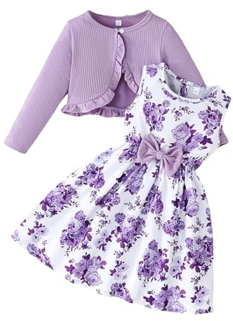 XIXIMAON Girls Dress and Cardigan Set Flower Floral Bow Decor Sleeveless Sundress Long Sleeve Ruffle Ribbed Jacket Kids Casual Party Dresses 2-8 Year